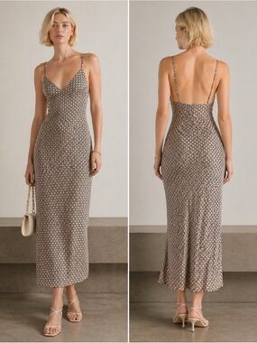 DISSH Lou Swirl Satin Maxi Dress Wheat Geometric Slip Dress Size US 2 NWT